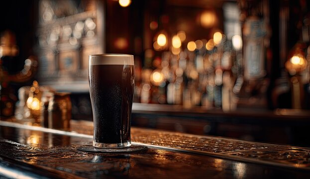 Dark, frothy beer glass rests on a wet bar, dimly lit by glowing bar lights