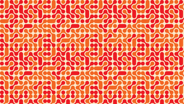 Dynamic abstract geometric seamless pattern featuring interconnected rounded shapes in energetic red and orange hues, forming a vibrant and modern digital background