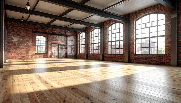 Spacious Industrial Loft with Large Windows and Wooden Floors.