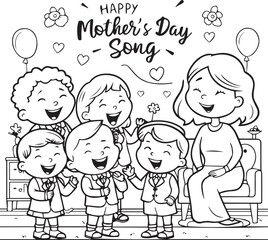 Fototapeta premium Happy Mother's Day coloring page for kids with children singing a song for their mother, school classroom celebration, cute line art illustration.