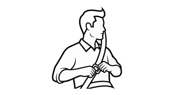 Line art of a man fastening his seatbelt, indicating safety