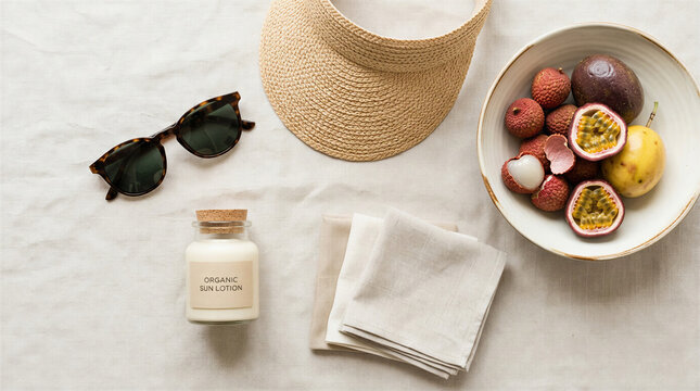 Minimalist summer flatlay with passion fruit lychee and straw visor on fabric.
