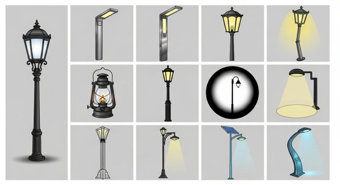 Collection of various street lights and lamps.