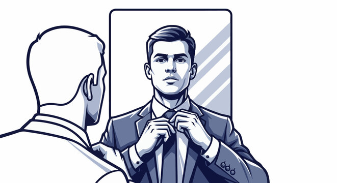 Man in suit adjusts tie in mirror, reflecting his determined gaze