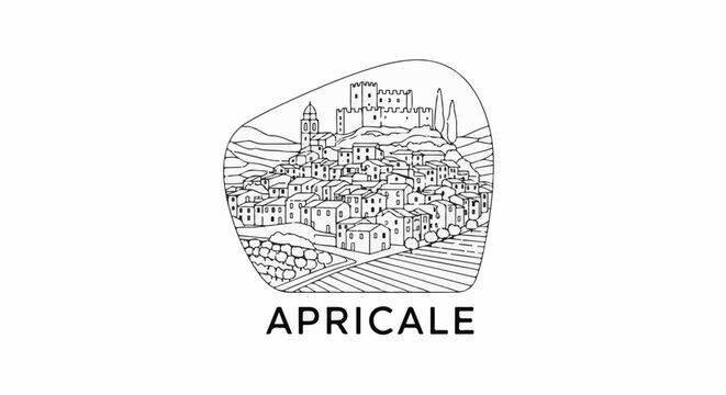 Line art sketch of a historic hilltop village with a castle and text below