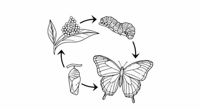 Illustration of a butterfly's life cycle showing four distinct stages
