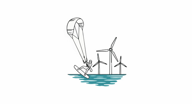 Kite surfer rides wave near offshore wind turbines