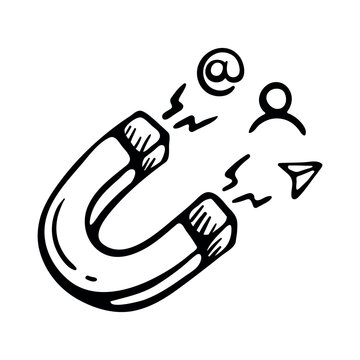 Lead generation magnet icon for attracting new customers. Hand drawn doodle illustration of a magnetic horseshoe pulling user profiles and emails.