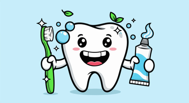 Happy cartoon tooth holding a toothbrush and toothpaste
