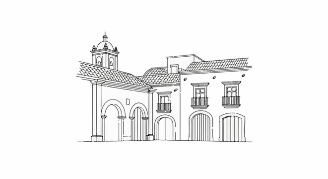 Line drawing of an old building with arched doorways and a bell tower