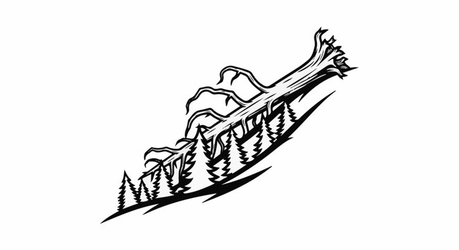 Gnarled tree trunk with branches extending over silhouette of pine trees
