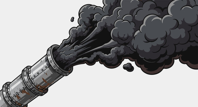 Industrial pipe expels thick plumes of dark, billowing smoke