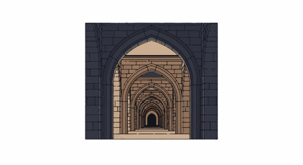 Fototapeta premium Infinite hallway with stone arches receding into darkness
