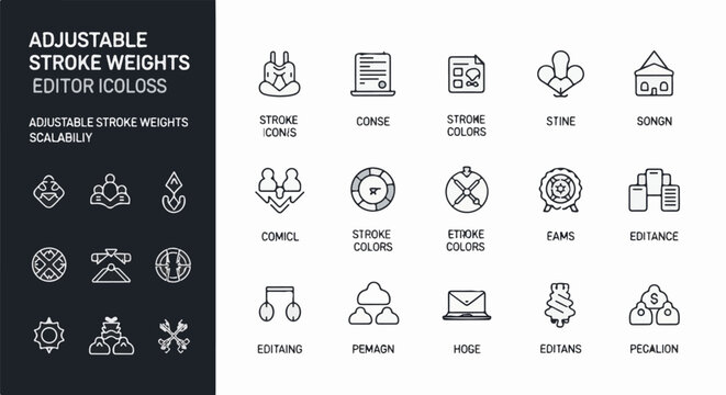 Graphic icons illustrating adjustable stroke weights and editor functionalities