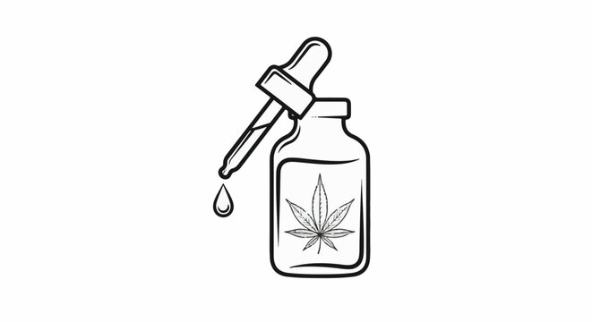 Ink drawing of a dropper bottle with a cannabis leaf and a dripping liquid