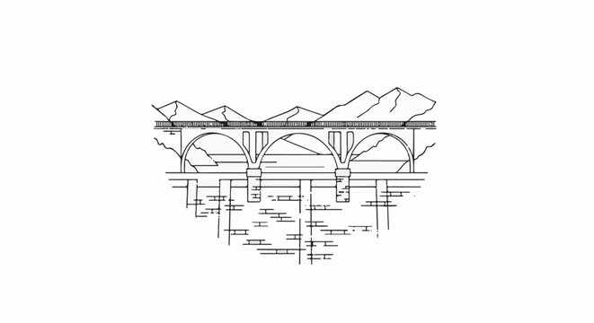 Line art architectural drawing of a multi-arched stone bridge against a mountain backdrop
