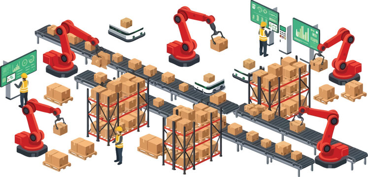 automated warehouse scene with conveyor belts robots and workers