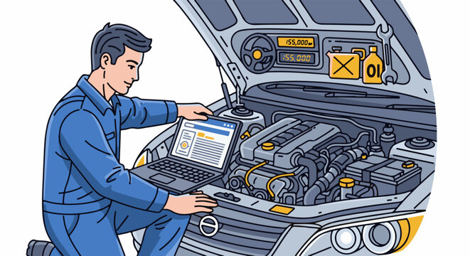 Mechanic checks vehicle engine data on a laptop with open hood, displaying diagnostics