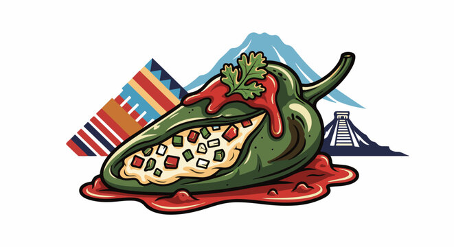 Hearty stuffed poblano pepper drizzled with rich red sauce, against a backdrop of ancient ruins and majestic mountains