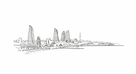 Obraz premium Hand-drawn sketch of a modern coastal city skyline with distinctive flame-shaped buildings