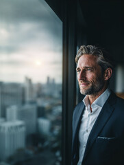 Fototapeta premium Contemplative executive in navy suit gazing at cloudy city skyline from office window