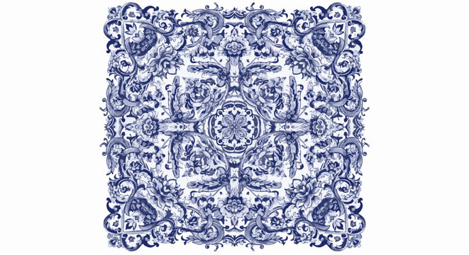 Intricate blue and white floral damask pattern with symmetrical baroque scrolling