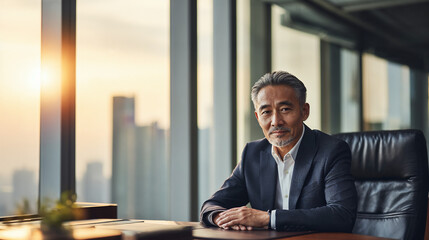 Fototapeta premium Confident Asian executive in navy suit seated at desk with sunrise city skyline
