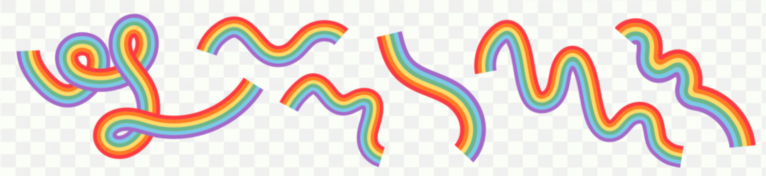 Set of wavy rainbow ribbons and pride month design elements isolated on transparent background for lgbtq celebration, diversity, inclusive event banners. Modern abstract graphic vector illustration.