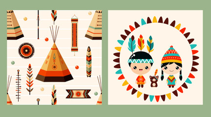Vector set of seamless pattern and one print with American Indian tribal ornament. Endless texture can be used for pattern fills, t-shirt print, web page background, fabric design, scrapbooking paper © frenta