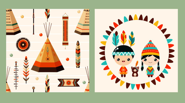 Vector set of seamless pattern and one print with American Indian tribal ornament. Endless texture can be used for pattern fills, t-shirt print, web page background, fabric design, scrapbooking paper