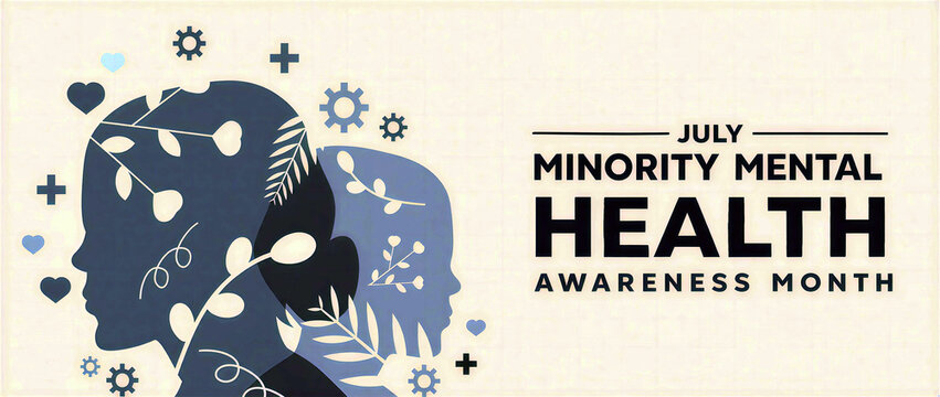 July minority mental health awareness month creative poster with abstract human profiles and decorative elements