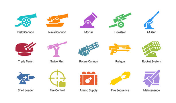 Artillery icons showing cannons, rockets and support equipment