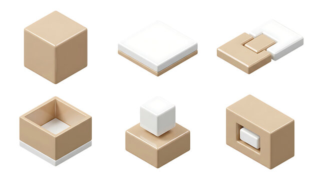 Isometric packaging boxes collection with brown and white materials and interlocking design elements.