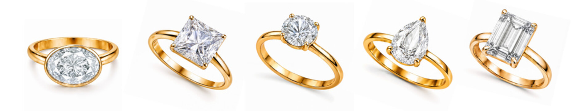 Collection of female elegant gold rings with crystal clear precious gemstones such as Danburite, Moissanite, and other colorless precious stones in various shapes isolated on white background