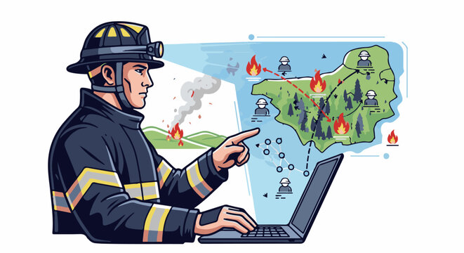 Firefighter uses laptop to monitor wildfires and coordinate response efforts