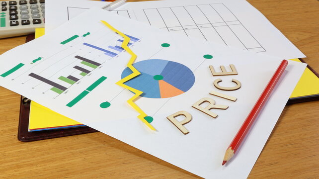 Prezzo, una singola parola per foglio e spazio per il testo, il concetto economico di guadagno con un grafico aziendale