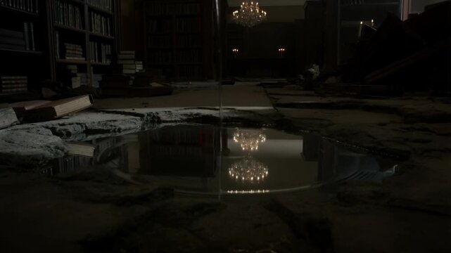 Low angle shot looking at a puddle on a broken library floor reflecting the room intact and lit with chandeliers while real surroundings are ruined, melancholic ghostly echo atmosphere