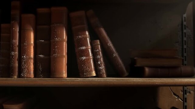 Medium shot on a shelf in a sealed humid archive room where delicate gypsum crystals have grown over spines of leather bound volumes glittering in a sliver of light, geological takeover atmosphere