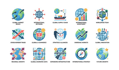 Fototapeta premium Global business and trade icons arranged in grid on white background