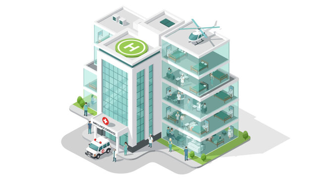 Modern hospital building exterior stands isolated on a white background for medical facility needs.