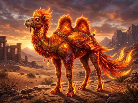 Majestic mythical phoenix camel with fiery wings standing in a desert landscape at sunset, digital art illustration.