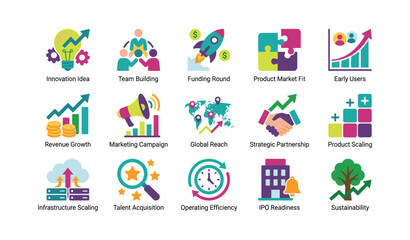 Fototapeta premium Business and growth icons showing startup stages in grid