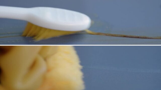 Toothbrush scrubbing grease across dark countertop fast commercial test showing sponge wipe droplets scattering bristle action speed cleaning by maintenance pro