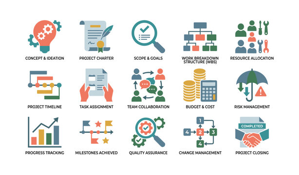Project management icons showing planning stages on white background