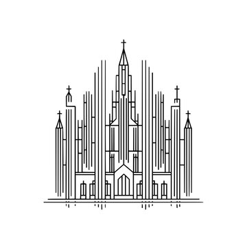 Minimalist gothic cathedral line art illustration featuring vertical spire elements and sharp architectural geometric symmetry on a clean white background for design use