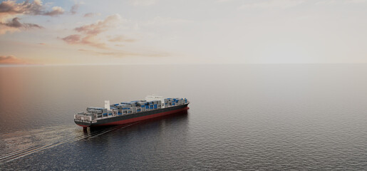 Container ship sailing on ocean at sunset, global shipping and logistics © ilker