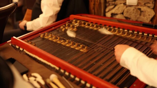 Folk musician performing with cimbalom in cozy tavern setting