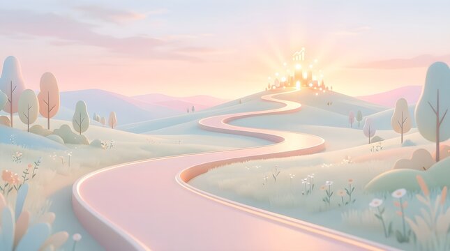 Winding Road to Success and Business Growth in Soft Pastel Landscape Concept.