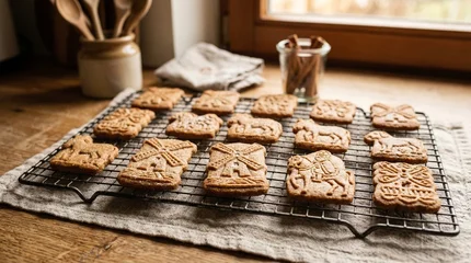Gingerbread cookies cooling on a wire rack in a cozy kitchen   © Alex