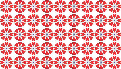 Fototapeta premium Vintage floral vector design featuring a seamless pattern with red hearts and geometric ornaments for textile fabric wallpaper or decorative tile backgrounds